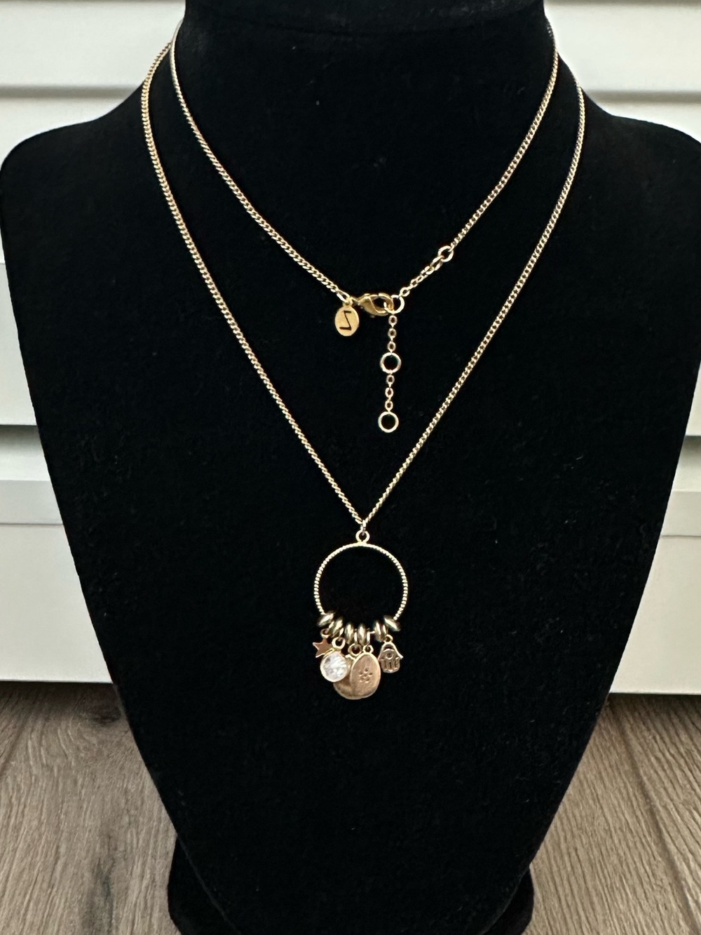 Artisan Charm Necklace Circular Pendant Gold Toned Chain Multi Charms Star Hasma